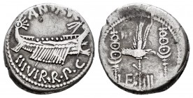 Mark Antony. Denario. 32-31 a.C. Mint moving. (Ffc-33). (Craw-544/15). (Cal-180). Anv.: ANT AVG III VIR R P C. Galera pretoriana a derecha. Rev.: Águi...