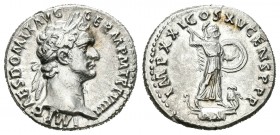 Domitian. Denario. 90-91 d.C. Rome. (Spink-2735 variante). Rev.: IMP XXI COS XV CENS P P. Minerva de pie a derecha con rayos y escudo, búho a sus pies...