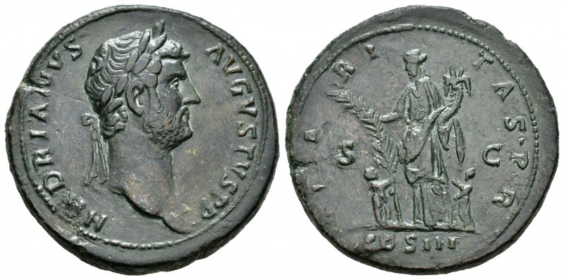 Hadrian. Sestercio. 128 d.C. Rome. (Spink-3602). Rev.: HILARITAS PR, en campo S ...