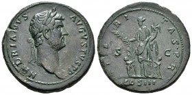 Hadrian. Sestercio. 128 d.C. Rome. (Spink-3602). Rev.: HILARITAS PR, en campo S C, en exergo COR III. Hilaritas de pie entre dos niños con palma y cor...