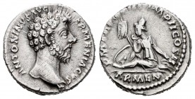 Marcus Aurelius. Denario. 163-164 d.C. Rome. (Ric-80). (C-8). Anv.: ANTONINVS AVG ARMENIACVS. Cabeza desnuda de Marco Aurelio a derecha. Rev.: P M TR ...