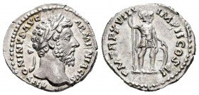 Marcus Aurelius. Denario. 164 d.C. Rome. (Spink-4919). (Seaby-469). Rev.: P M TR XVIII IMP II COS III. Marte de pie a derecha con lanza y escudo. Ag. ...