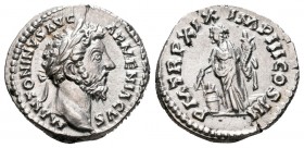 Marcus Aurelius. Denario. 165 d.C. Rome. (Spink-4923). (Ric-142). (Seaby-484). Rev.: P M TR P XIX IMP III COS III. Annona en pie con dos espigas sobre...