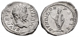 Septimius Severus. Denario. 201 d.C. Rome. (Spink-6282). (Ric-265). Rev.: FVNDATOR PACIS. Severo togado a izquierda con rama y papiro. Ag. 3,23 g. Alm...