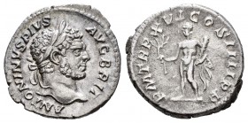 Caracalla. Denario. 213 d.C. Rome. (Spink-6828). (Ric-206a). (Seaby-220). Rev.:  P M TR P XVI COS IIII P P. Hércules en pie a izquierda con rama y pie...