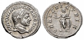 Caracalla. Denario. 216 d.C. Rome. (Spink-6890). (Ric-311b). Rev.: VENVS VICTRIX. Venus en pie a izquierda con Victoria y apoyada sobre un escudo. Ag....