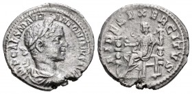 Elagabalus. Denario. 218-219 d.C. Rome. (Spink-7511). (Ric-71). Rev.: FIDES EXERCITVS. Fides Militum sentado a izquierda con águila y dos estandartes....