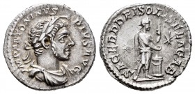 Elagabalus. Denario. 221-222 d.C. Rome. (Ric-131). (Spink-7542). (C-246). Anv.:  IMP ANTONINVS PIVS AVG. Su busto laureado, drapeado y acorazado a der...