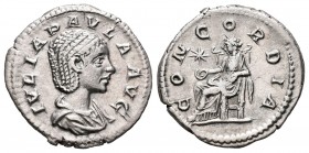 Julia Paula. Denario. 220 d.C. Rome. (Spink-7655). (Ric-211). (Seaby-6a). Rev.: CONCORDIA. Concordia sentada a izquierda con pátera y estrella en el c...