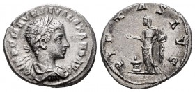 Severus Alexander. Denario. 223 d.C. Antioch. (Spink-7889). (Ric-293). Rev.: PIETAS AVG. Pietas en pie a izquierda con caja de incienso, realizando sa...