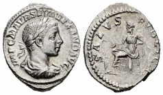 Severus Alexander. Denario. 222 d.C. Rome. (Spink-7925). (Ric-178). Rev.: SALVS PVBLICA. Salus sentada a izquierda alimentando a serpiente en un altar...
