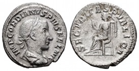 Gordian III. Denario. 241-2 d.C. Rome. (Spink-8682). (Ric-130). Rev.: SECVRITAS PVBLICA. Securitas sentada a izquierda con cetro. Ag. 2,68 g. Choice V...