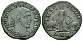Philip I. Sestercio. 244-249 d.C. Viminacium. (Varbanov-135). Rev.: P M S COL VIM / AN VI. Moesia en pie a izquierda con leon y toro a sus pies. Ae. 2...
