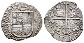 Philip II (1556-1598). 1 real. Sevilla. (Cal 2008-663). Ag. 3,31 g. Ensayador d cuadrada. Choice VF. Est...60,00.