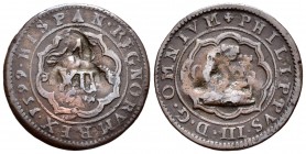 Philip IV (1621-1665). 12 maravedís. (Cal 2008-página 370). Ae. 5,09 g. Resellada sobre una pieza de Cuenca 1599. VF. Est...20,00.
