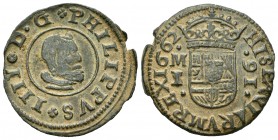 Philip IV (1621-1665). 16 maravedís. 1662. Madrid. I/S. (Cal 2008-no cita). (Jarabo-Sanahuja-M393). Ae. 3,79 g. Ensayador I rectificado sobre S. Muy r...