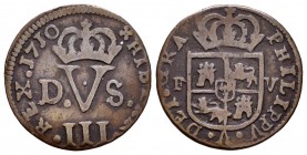 Philip V (1700-1746). Treseta. 1710. Valencia. (Cal 2008-2012). Ae. 2,80 g. Almost VF. Est...20,00.