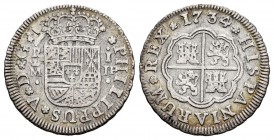 Philip V (1700-1746). 1 real. 1734/3. Madrid. JF. (Cal 2008-1542 variante). Ag. 2,72 g. Sobrefecha. Almost VF. Est...60,00.