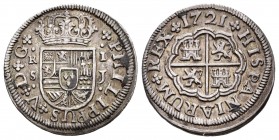 Philip V (1700-1746). 1 real. 1721. Sevilla. JJ. (Cal 2008-1709). Ag. 2,79 g. Tone. Choice VF. Est...65,00.