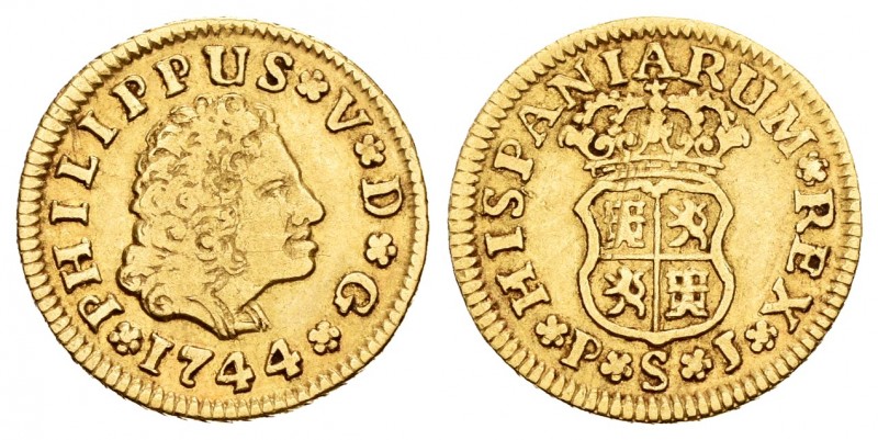 Philip V (1700-1746). 1/2 escudo. 1744. Sevilla. PJ. (Cal 2008-586). Au. 1,74 g....