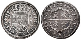 Louis I (1724). 2 reales. 1724. Sevilla. J. (Cal 2008-42). Ag. 4,91 g. LUDOUICUS. Escasa. Choice VF. Est...175,00.