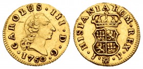 Charles III (1759-1788). 1/2 escudo. 1760. Madrid. JP. (Cal 2008-753). Au. 1,79 g. Corona lisa. Rayita. Almost XF. Est...175,00.
