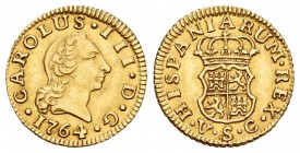 Charles III (1759-1788). 1/2 escudo. 1764. Sevilla. VC. (Cal 2008-787). Au. 1,80 g. Scarce. Almost XF. Est...180,00.