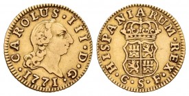 Charles III (1759-1788). 1/2 escudo. 1771. Sevilla. CF. (Cal 2008-795). Au. 1,75 g. Rare. VF/Choice VF. Est...200,00.