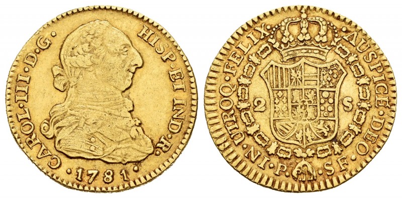 Charles III (1759-1788). 2 escudos. 1781/0. Popayán. SF. (Cal 2008-510 variante)...