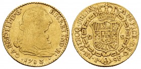 Charles III (1759-1788). 2 escudos. 1783. Popayán. SF. (Cal 2008-513). Au. 6,19 g. Scarce. Choice F/Almost VF. Est...280,00.