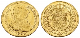 Charles III (1759-1788). 2 escudos. 1784. Popayán. SF. (Cal 2008-514). Au. 6,69 g. Escasa. Almost VF/VF. Est...300,00.