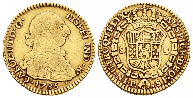 Charles III (1759-1788). 2 escudos. 1785. Popayán. SF. (Cal 2008-515). Au. 6,68 ...