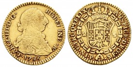Charles III (1759-1788). 2 escudos. 1785. Popayán. SF. (Cal 2008-515). Au. 6,68 g. Scarce. Choice F/Almost VF. Est...300,00.