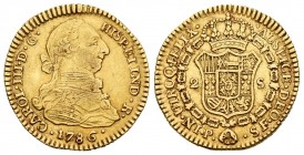 Charles III (1759-1788). 2 escudos. 1786. Popayán. SF. (Cal 2008-516). Au. 6,74 g. Scarce. Choice VF. Est...320,00.