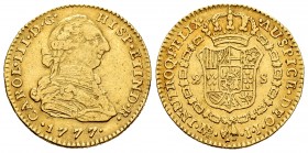 Charles III (1759-1788). 2 escudos. 1777. Santa Fe de Nuevo Reino. JJ. (Cal 2008-555). Au. 6,65 g. Very scarce. Almost VF/VF. Est...300,00.