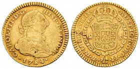 Charles III (1759-1788). 2 escudos. 1784/3. Santa Fe de Nuevo Reino. JJ. (Cal 2008-562 variante). Au. 6,63 g. Very scarce. Almost VF. Est...300,00.