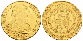 Charles III (1759-1788). 8 escudos. 1772. México. FM. (Cal 2008-87). (Cal onza-760). Au. 26,83 g. Sin punto delante de AUSPICE. Golpecitos en el canto...