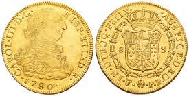 Charles III (1759-1788). 8 escudos. 1780. Potosí. PR. (Cal 2008-146). (Cal onza-829). Au. 26,82 g. Bello ejemplar. Muy escasa. XF. Est...1600,00.