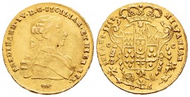 Spanish Infants. Fernando IV de Náploes. 6 ducados. 1767. Nápoles. DcG/C-C. (Vti-376). (Mir-352/14). Au. 8,78 g. Leves rayitas. Escasa. Choice VF. Est...