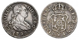 Charles IV (1788-1808). 1/2 real. 1798. Madrid. MF. (Cal 2008-1273). Ag. 1,70 g. Almost XF/Choice VF. Est...130,00.