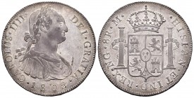 Charles IV (1788-1808). 8 reales. 1802. Guatemala. M. (Cal 2008-633). Ag. 26,93 g. Leves rayitas. Tono. Choice VF. Est...300,00.