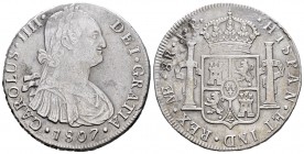 Charles IV (1788-1808). 8 reales. 1807. Lima. JP. (Cal 2008-664). Ag. 26,41 g. Almost VF. Est...50,00.