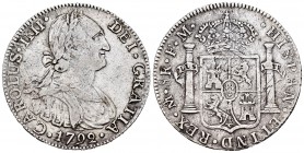 Charles IV (1788-1808). 8 reales. 1792. México. FM. (Cal 2008-685). Ag. 20,46 g. Falsa de época. Interesante. VF. Est...100,00.