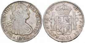 Charles IV (1788-1808). 8 reales. 1798. México. FM. (Cal 2008-692). Ag. 26,63 g. Pequeños defecto en el canto. Almost VF. Est...60,00.