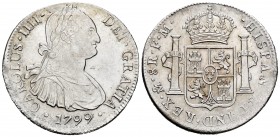 Charles IV (1788-1808). 8 reales. 1799. México. FM. (Cal 2008-694). Ag. 26,70 g. Oxidations. XF. Est...110,00.