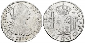 Charles IV (1788-1808). 8 reales. 1800. México. FM. (Cal 2008-695). Ag. 26,86 g. Plata ligeramente agria y hojita en anverso. Almost XF. Est...110,00....