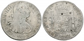Charles IV (1788-1808). 8 reales. 1803. México. FT. (Cal 2008-699). Ag. 26,45 g. Resellos orientales. Choice F. Est...55,00.