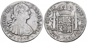 Charles IV (1788-1808). 8 reales. 1806. México. TH. (Cal 2008-705). Ag. 26,40 g. Oxidations. VF. Est...60,00.