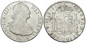Charles IV (1788-1808). 8 reales. 1808. Potosí. PJ. (Cal 2008-732). Ag. 26,99 g. Oxidaciones superficiales en la corona, pero buen ejemplar. Restos de...