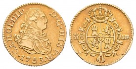 Charles IV (1788-1808). 1/2 escudo. 1793. Madrid. MF. (Cal 2008-613). Au. 1,74 g. Hoja en reverso. Rara. VF. Est...450,00.
